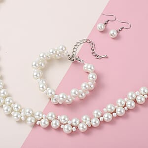 Simulated White Pearl Dangle Earrings, Adjustable Bracelet and Necklace 20-22.5 Inches in Silvertone & Stainless Steel