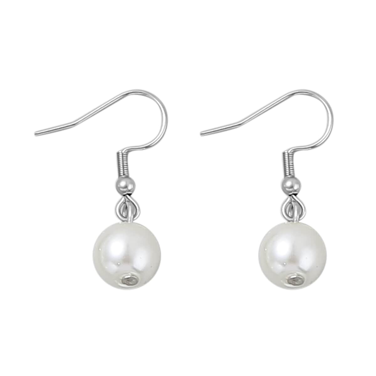 Simulated White Pearl Dangle Earrings, Adjustable Bracelet and Necklace 20-22.5 Inches in Silvertone & Stainless Steel image number 6