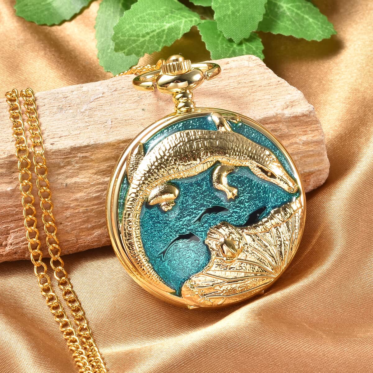 Strada Japanese Movement Crocodile, Lake Green, Black Enameled Pattern Pocket Watch With Chain (31 Inches) in Goldtone image number 1
