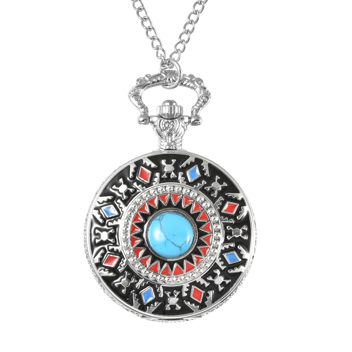 Strada Japanese Movement Blue Howlite, Enameled 2.50 ctw Native American Style Pocket Watch With Chain 31 Inches in Silvertone image number 0