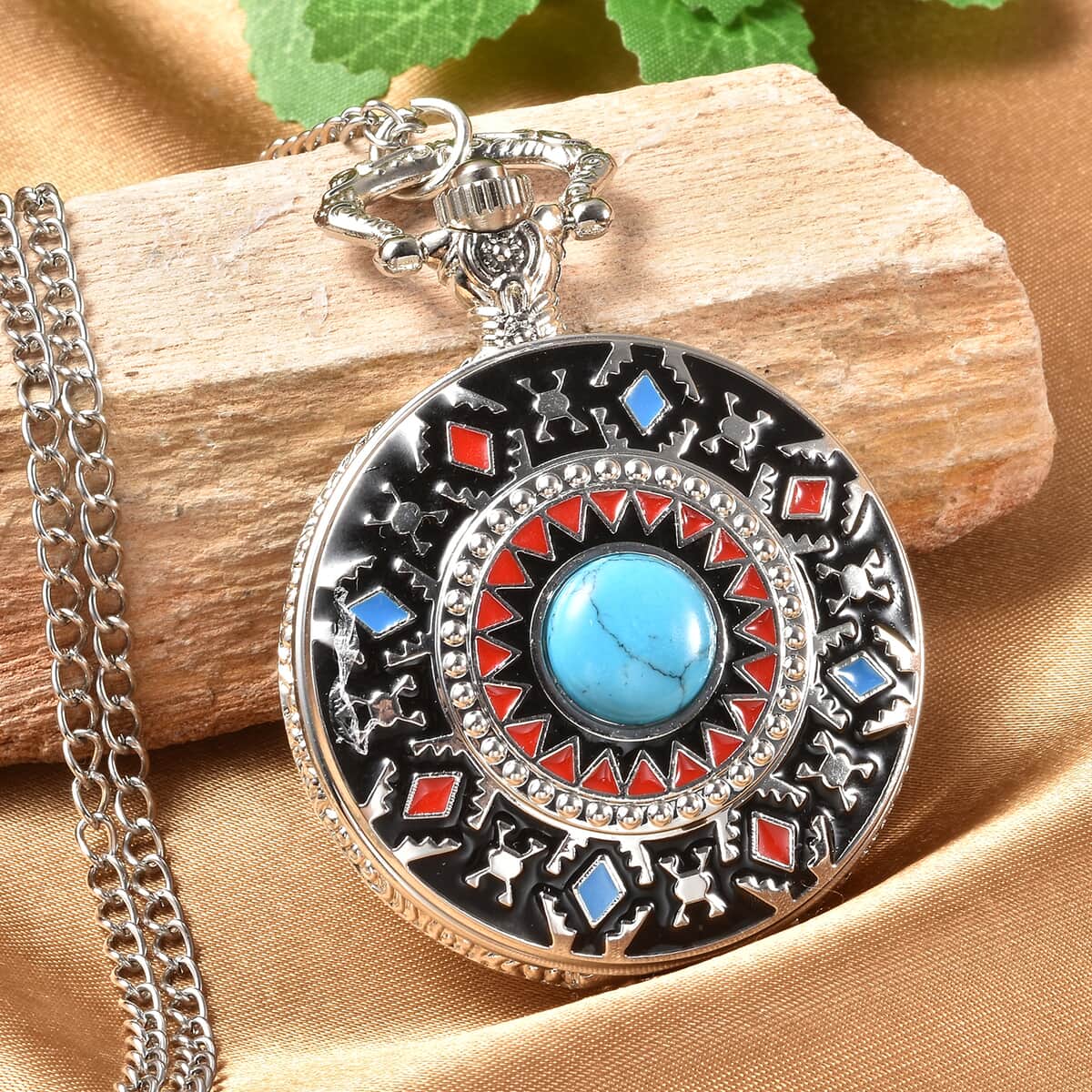 Strada Japanese Movement Blue Howlite, Enameled 2.50 ctw Native American Style Pocket Watch With Chain 31 Inches in Silvertone image number 1
