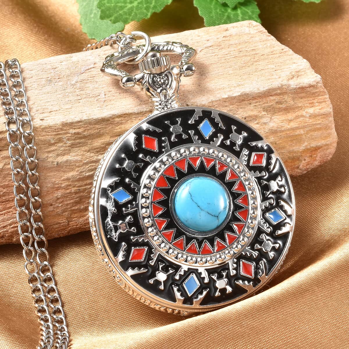 Strada Japanese Movement Blue Howlite 2.50 ctw Pocket Watch with Chain 31 Inches image number 1