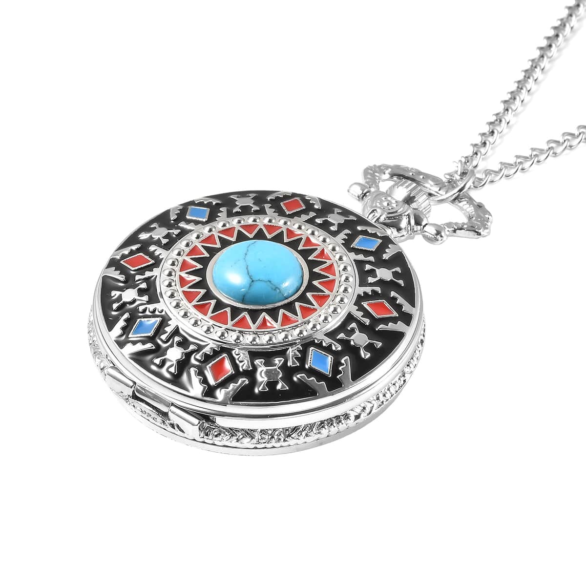 Strada Japanese Movement Blue Howlite, Enameled 2.50 ctw Native American Style Pocket Watch With Chain 31 Inches in Silvertone image number 2