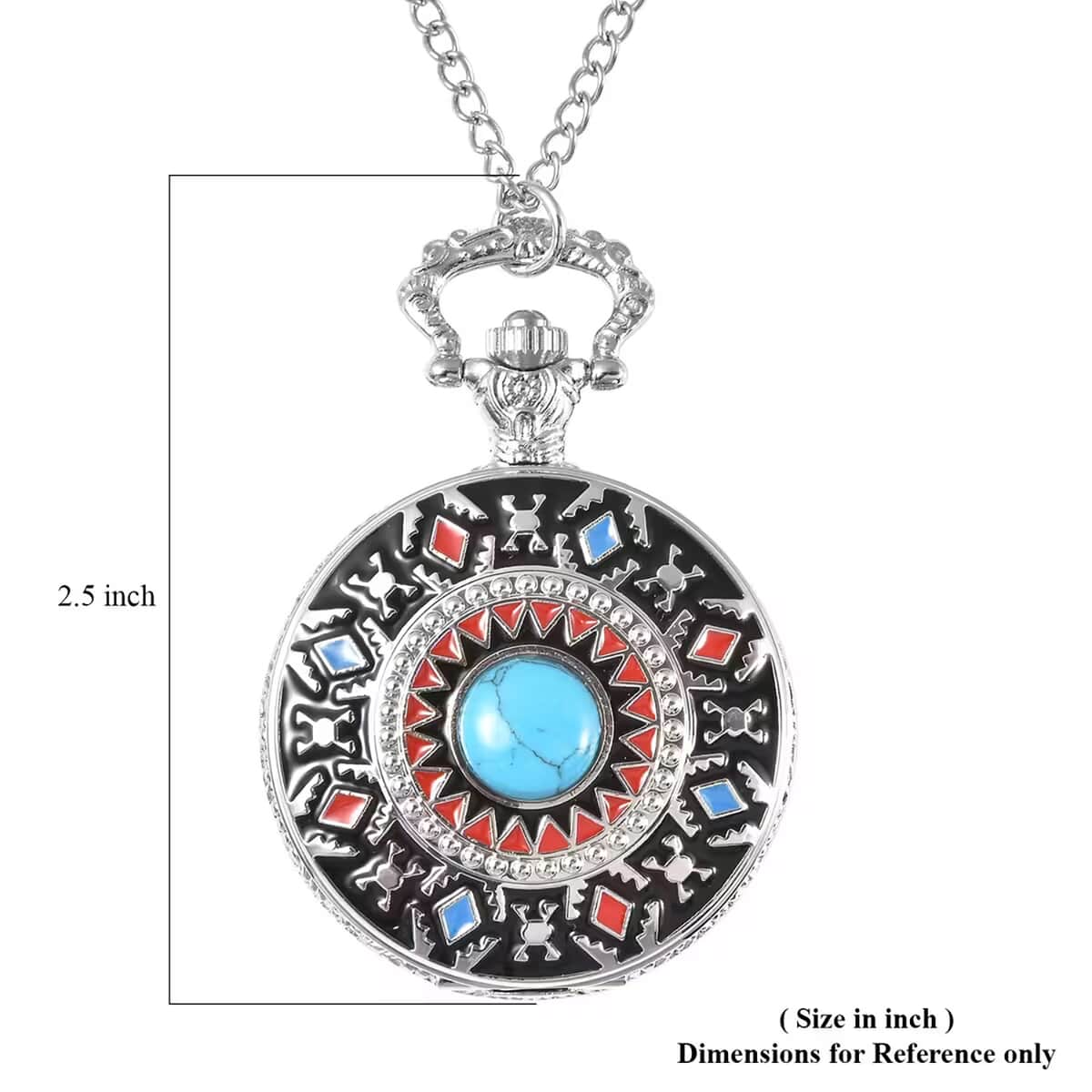 Strada Japanese Movement Blue Howlite, Enameled 2.50 ctw Native American Style Pocket Watch With Chain 31 Inches in Silvertone image number 6