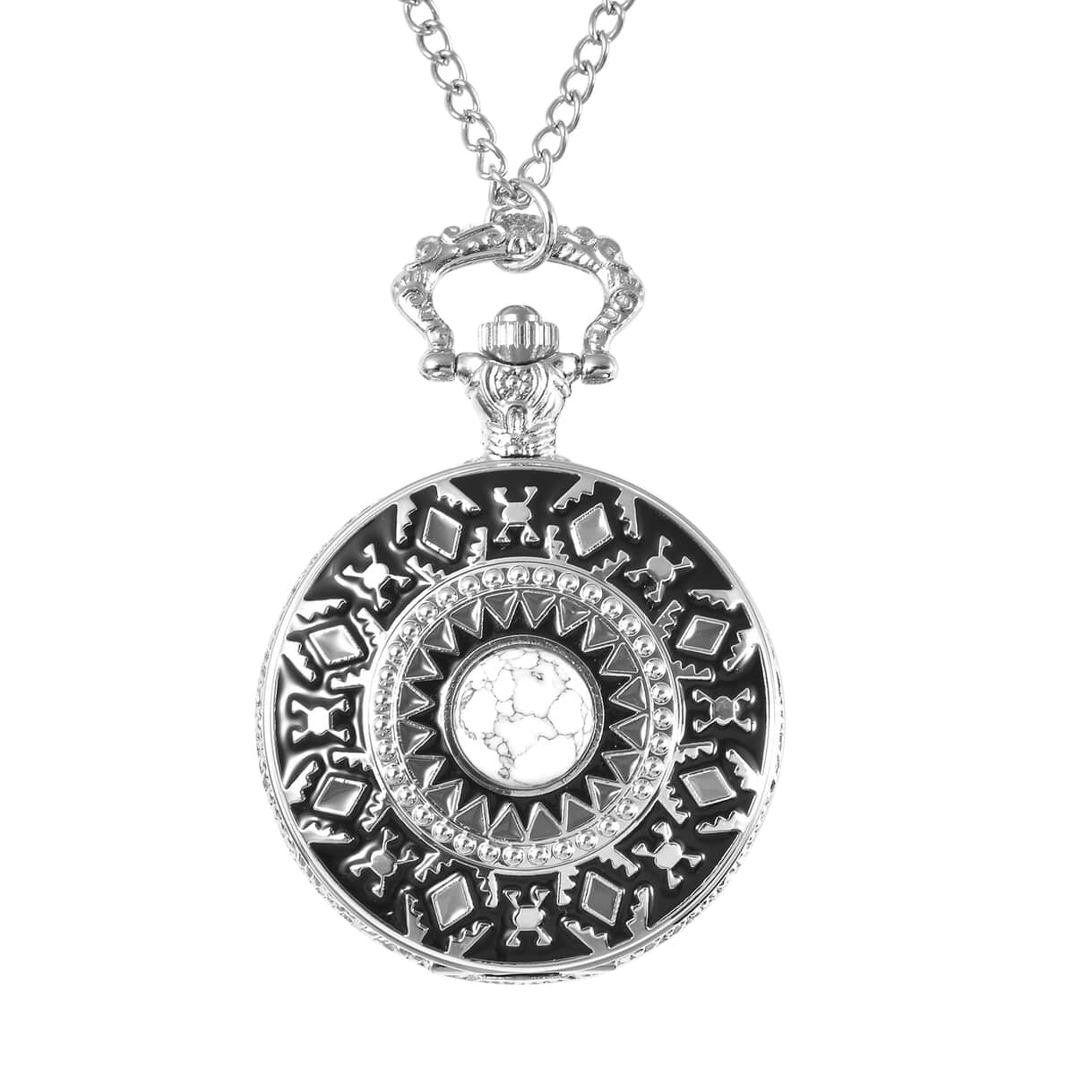 Strada Japanese Movement White Howlite, Enameled 2.50 ctw Pocket Watch in Silvertone With Chain 31 Inches image number 0