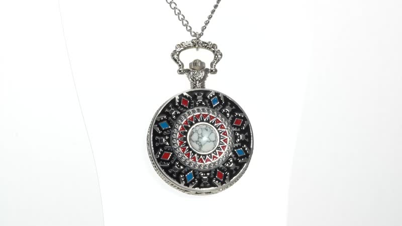 Strada Crystal Japanese Movement Carved Moon & Star Pocket Watch with Chain 31 Inches