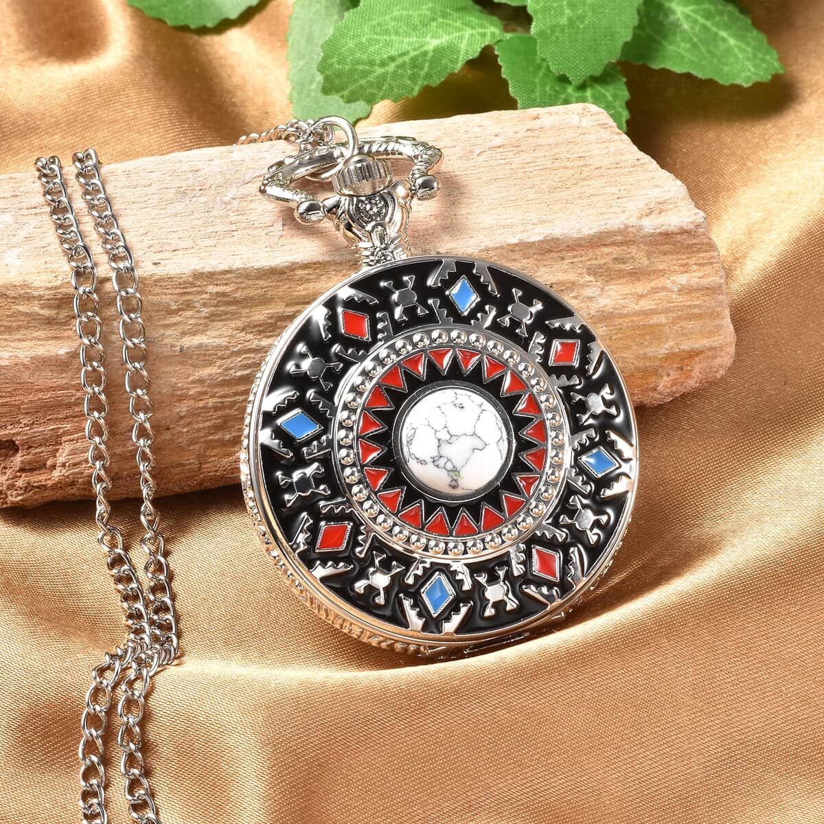 Strada Japanese Movement White Howlite, Enameled 2.50 ctw Pocket Watch in Silvertone With Chain 31 Inches image number 1
