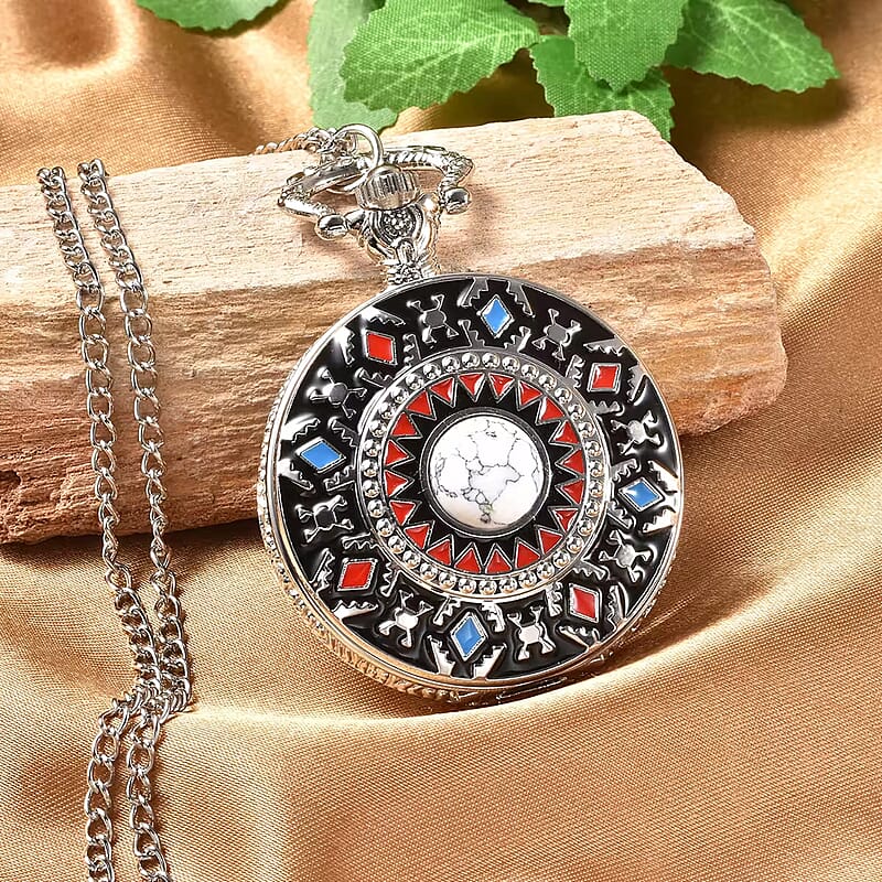 Strada Japanese Movement White Howlite 2.50 ctw Pocket Watch in with Chain 31 Inches