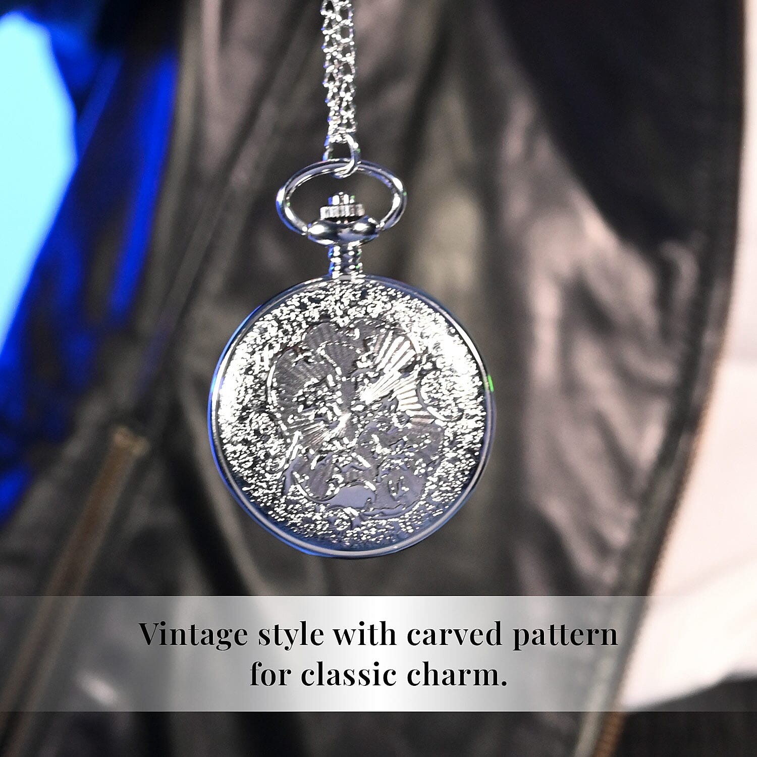 Strada Crystal Japanese Movement Carved Moon & Star Pocket Watch with Chain 31 Inches