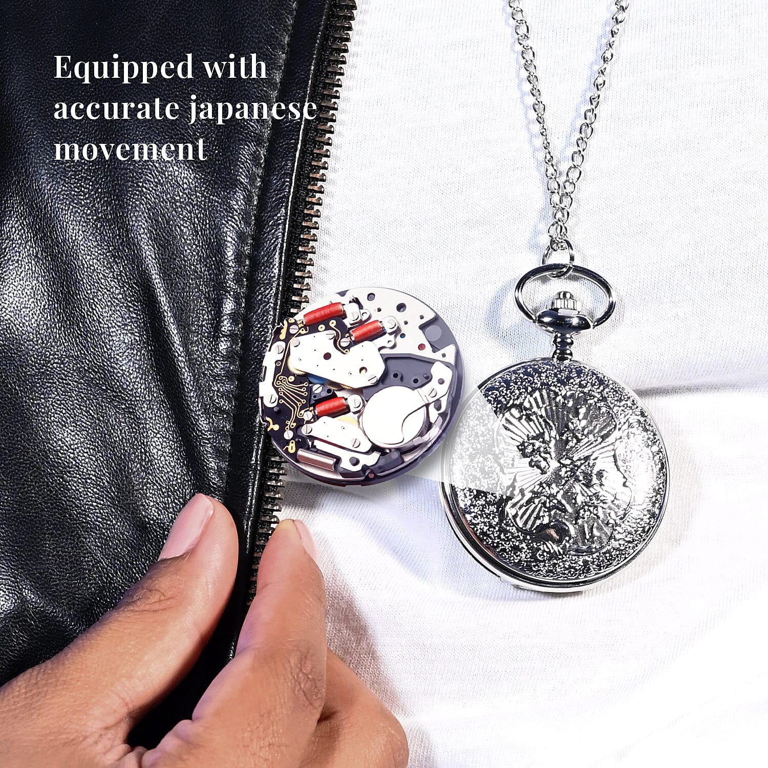 Strada Crystal Japanese Movement Carved Moon & Star Pocket Watch with Chain 31 Inches