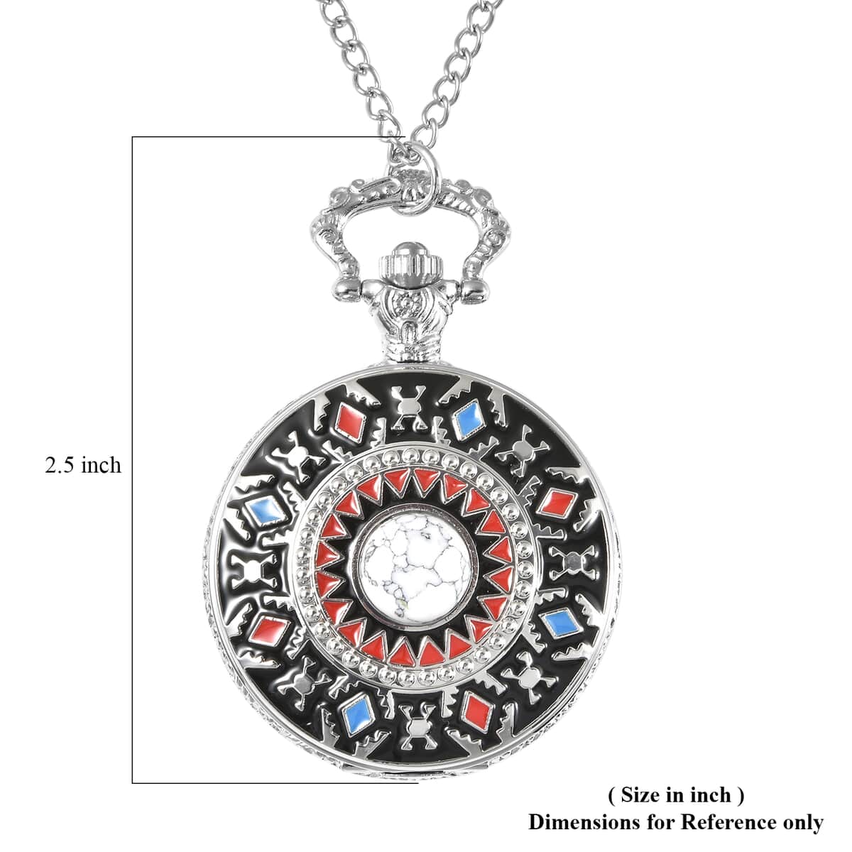 Strada Japanese Movement White Howlite, Enameled 2.50 ctw Pocket Watch in Silvertone With Chain 31 Inches image number 6