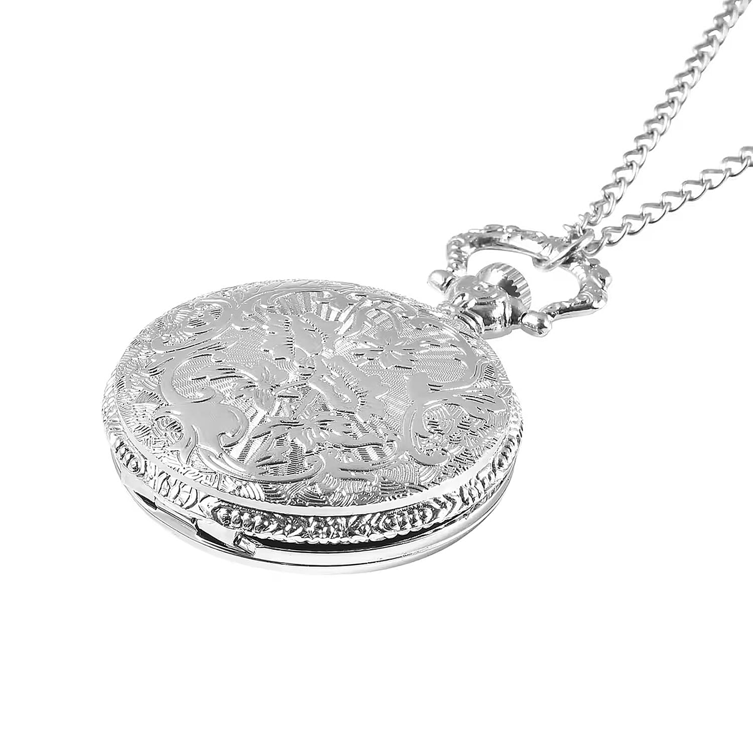 Strada Crystal Japanese Movement Carved Moon & Star Pocket Watch with Chain 31 Inches