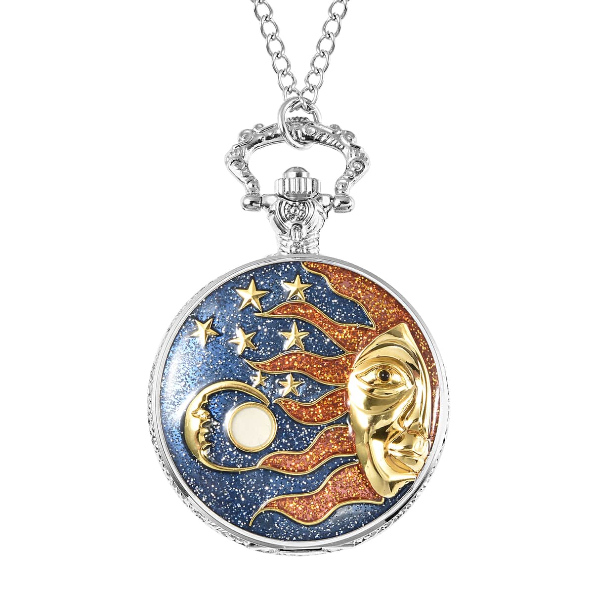 Strada Japanese Movement Sun & Moon Enameled Pattern Pocket Watch With Chain (31 Inches) in Dualtone image number 0