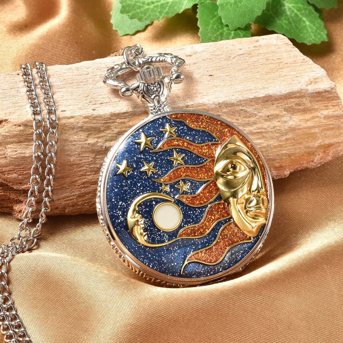 Strada Japanese Movement Sun & Moon Enameled Pattern Pocket Watch With Chain (31 Inches) in Dualtone image number 1