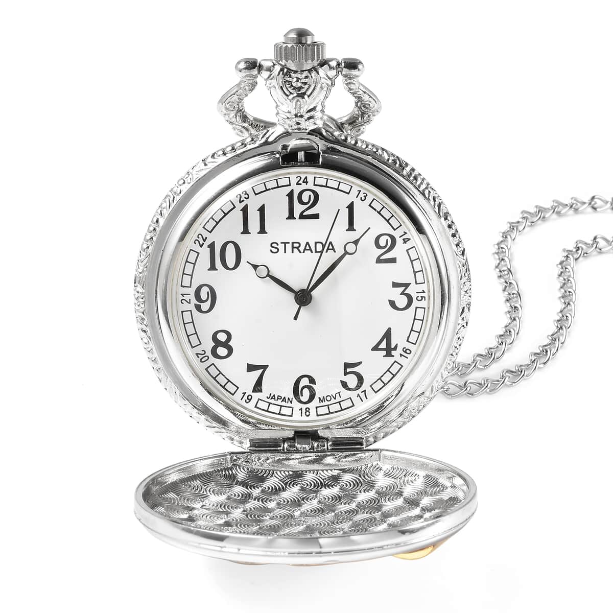 Strada Japanese Movement Sun & Moon Enameled Pattern Pocket Watch With Chain (31 Inches) in Dualtone image number 4