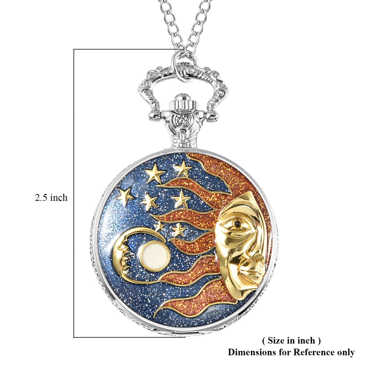 Strada Japanese Movement Sun & Moon Enameled Pattern Pocket Watch With Chain (31 Inches) in Dualtone image number 5