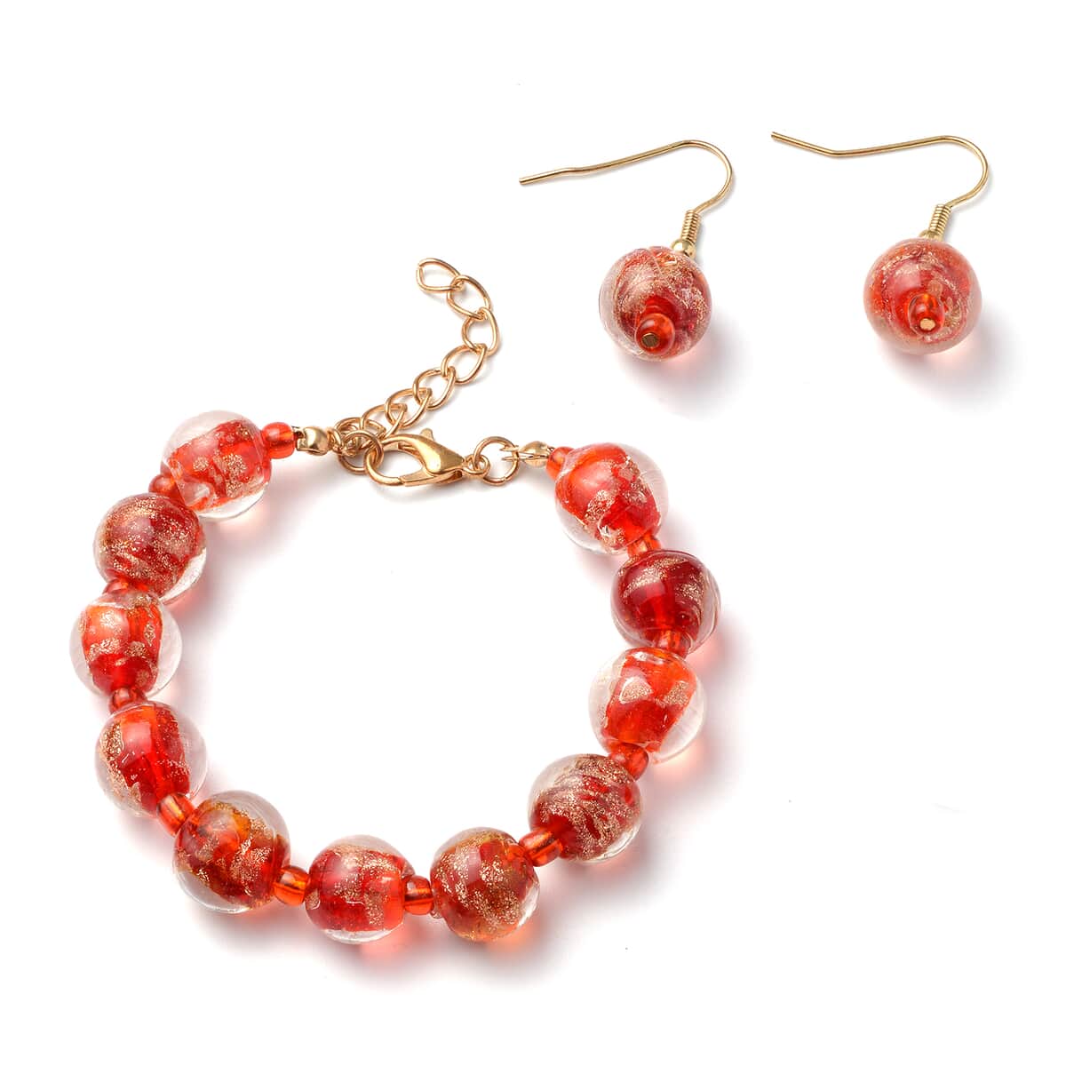 Red Color Murano Style, Simulated Red Diamond Adjustable Bracelet and Earrings in Goldtone image number 0