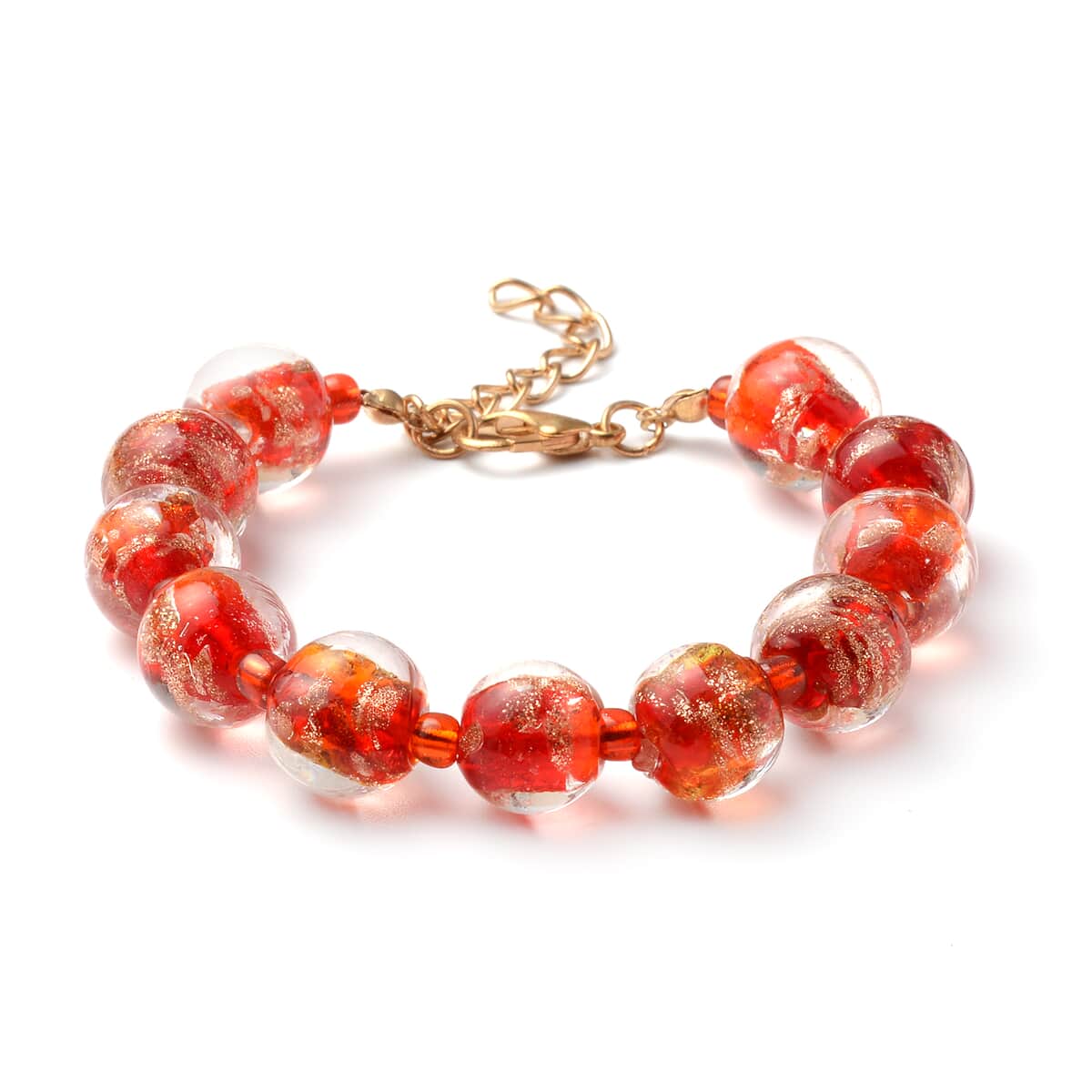 Red Color Murano Style, Simulated Red Diamond Adjustable Bracelet and Earrings in Goldtone image number 2