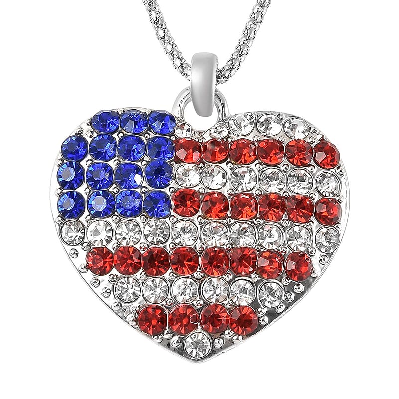 Multi Color Austrian Crystal USA Flag Design Heart Pendant Necklace (22-24 Inches) in Silvertone