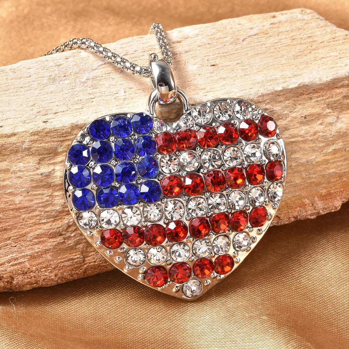 Multi Color Austrian Crystal USA Flag Design Heart Pendant Necklace (22-24 Inches) in Silvertone image number 1