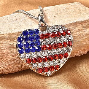 Multi Color Austrian Crystal USA Flag Design Heart Pendant Necklace (22-24 Inches) in Silvertone