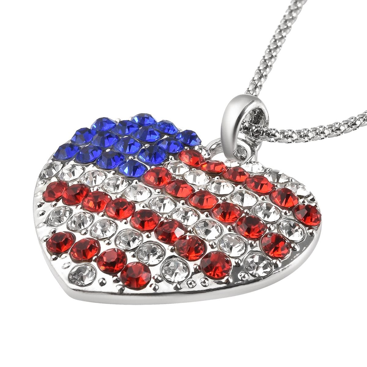 Multi Color Austrian Crystal USA Flag Design Heart Pendant Necklace (22-24 Inches) in Silvertone image number 2