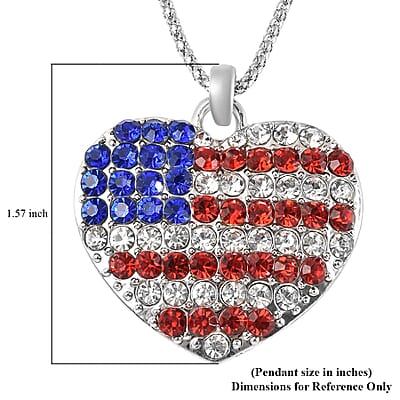 Multi Color Austrian Crystal USA Flag Design Heart Pendant Necklace (22-24 Inches) in Silvertone