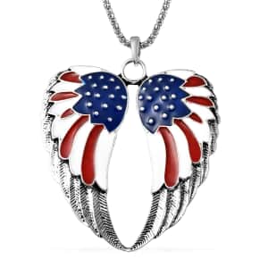 Enameled USA Flag Design Angel Wing Pendant Necklace 22-24 Inches in Silvertone
