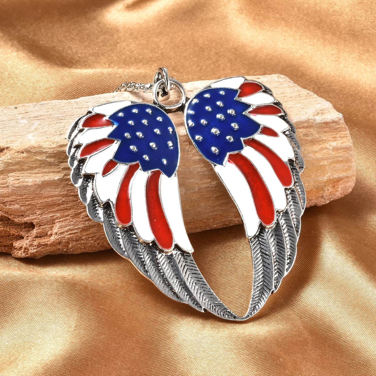 Enameled USA Flag Design Angel Wing Pendant Necklace 22-24 Inches in Silvertone image number 1