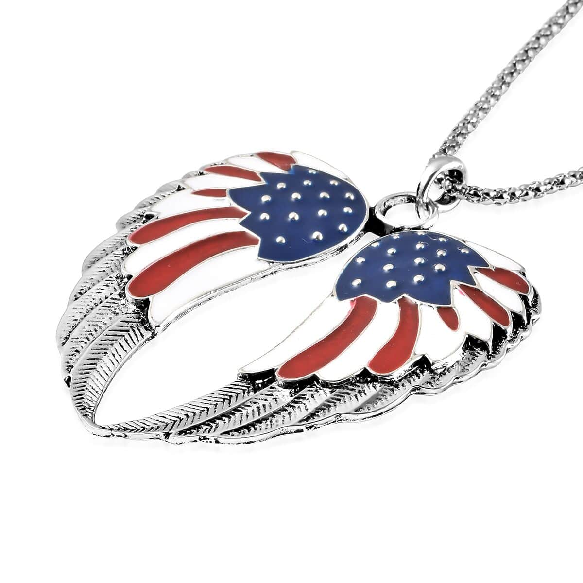 Enameled USA Flag Design Angel Wing Pendant Necklace 22-24 Inches in Silvertone image number 2