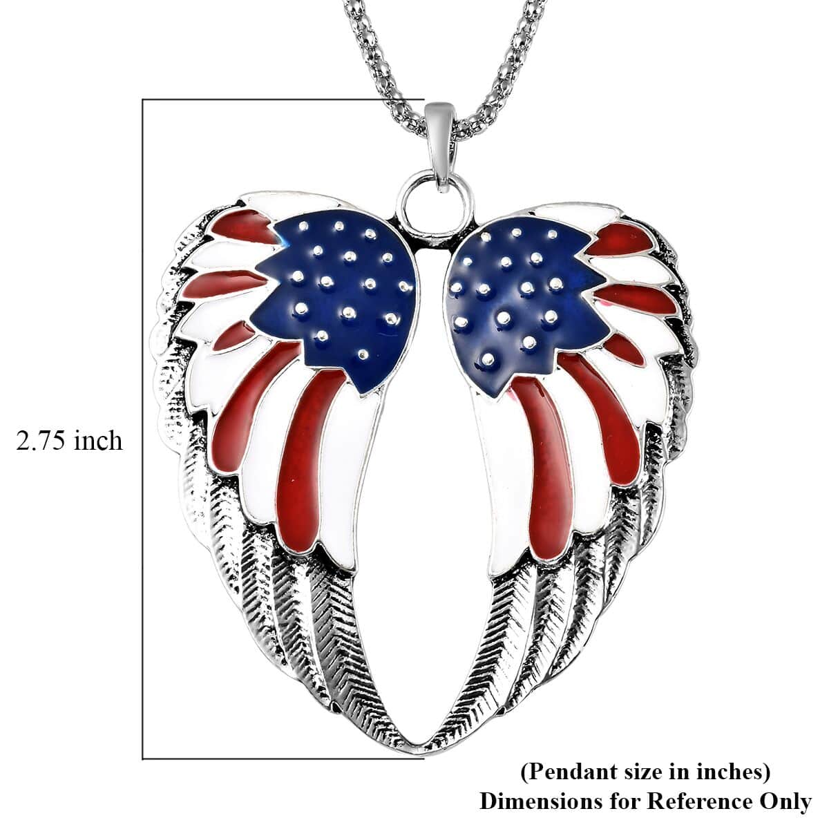 Enameled USA Flag Design Angel Wing Pendant Necklace 22-24 Inches in Silvertone image number 4