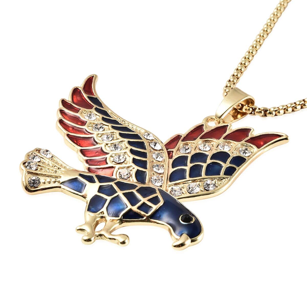 Black & White Austrian Crystal USA Flag Design Eagle Pendant Necklace 24-26 Inches in Goldtone image number 2