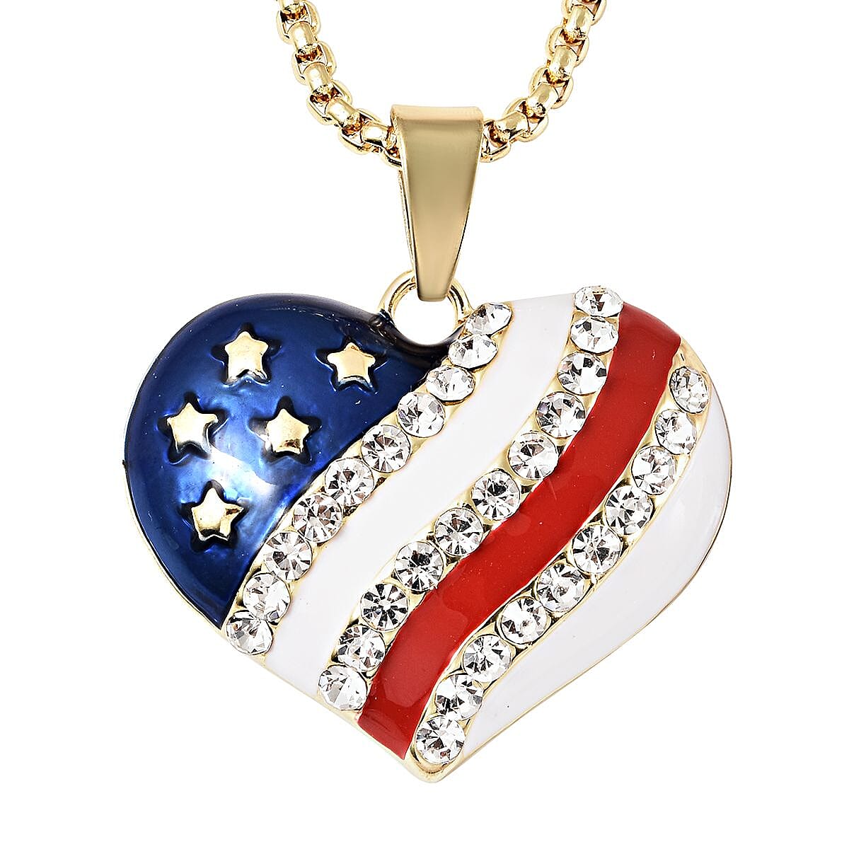 White Austrian Crystal, Enameled USA Flag Pattern Heart Pendant Necklace 20-22 Inches in Goldtone image number 0