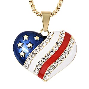 White Austrian Crystal, Enameled USA Flag Pattern Heart Pendant Necklace 20-22 Inches in Goldtone