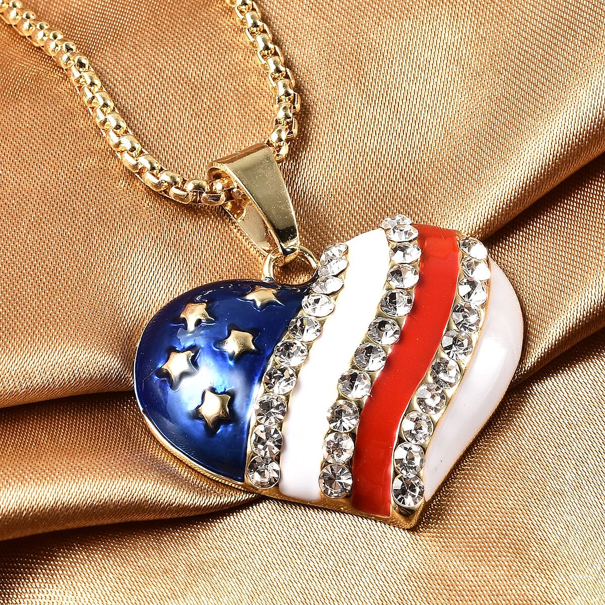 White Austrian Crystal, Enameled USA Flag Pattern Heart Pendant Necklace 20-22 Inches in Goldtone image number 1