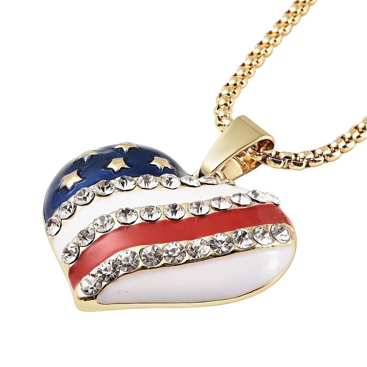 White Austrian Crystal, Enameled USA Flag Pattern Heart Pendant Necklace 20-22 Inches in Goldtone image number 2