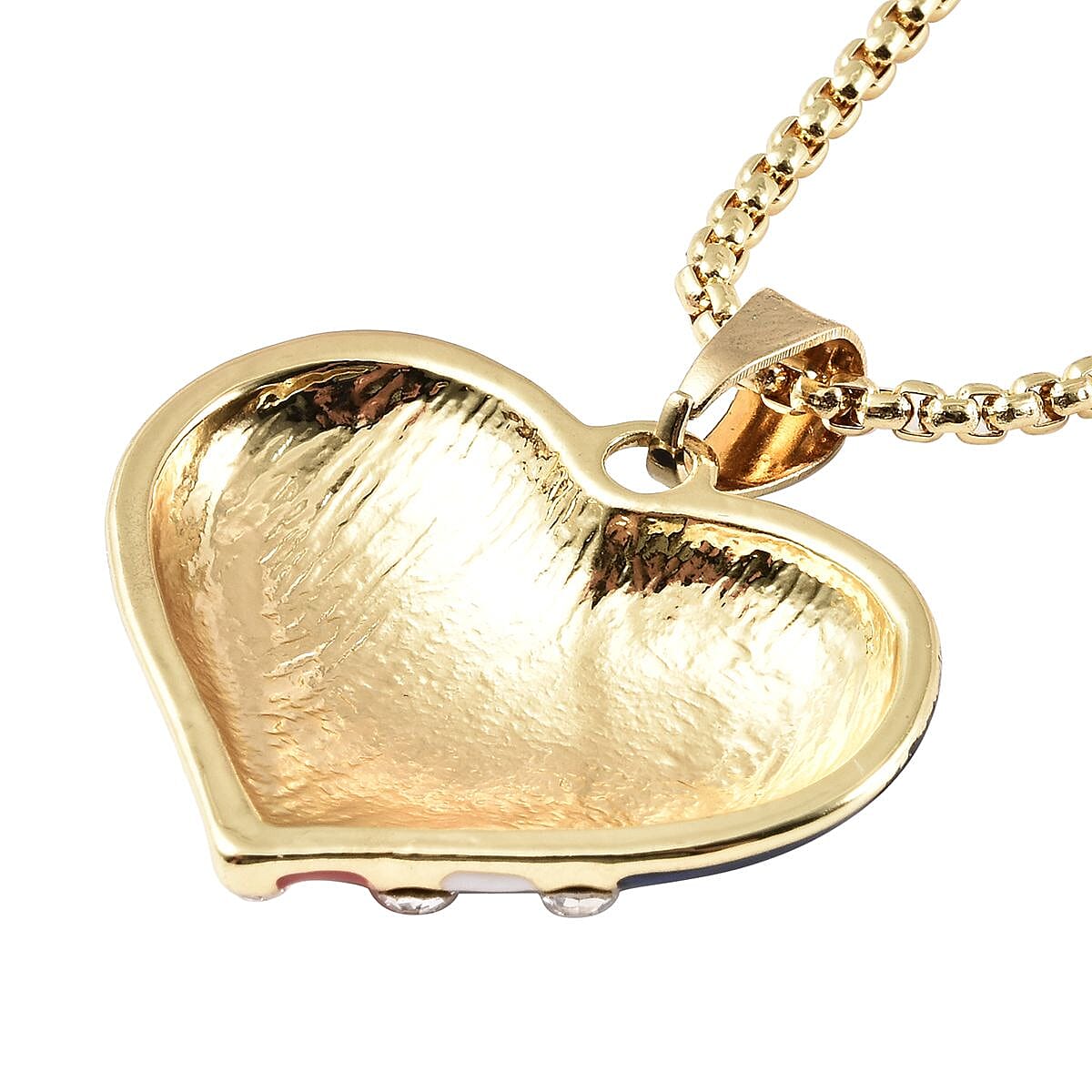 White Austrian Crystal, Enameled USA Flag Pattern Heart Pendant Necklace 20-22 Inches in Goldtone image number 3