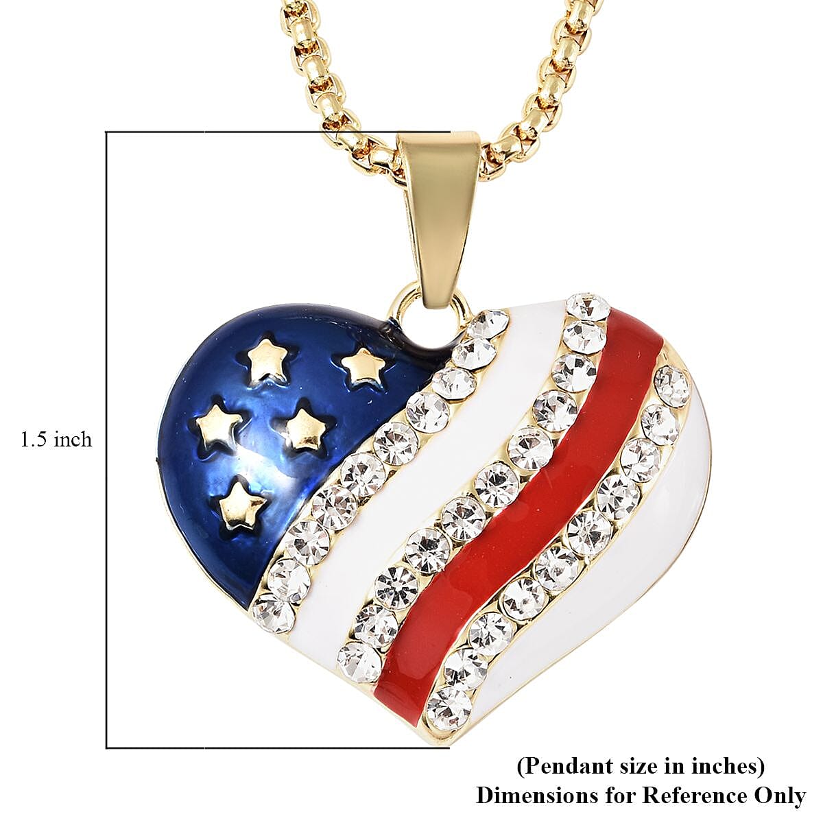 White Austrian Crystal, Enameled USA Flag Pattern Heart Pendant Necklace 20-22 Inches in Goldtone image number 4