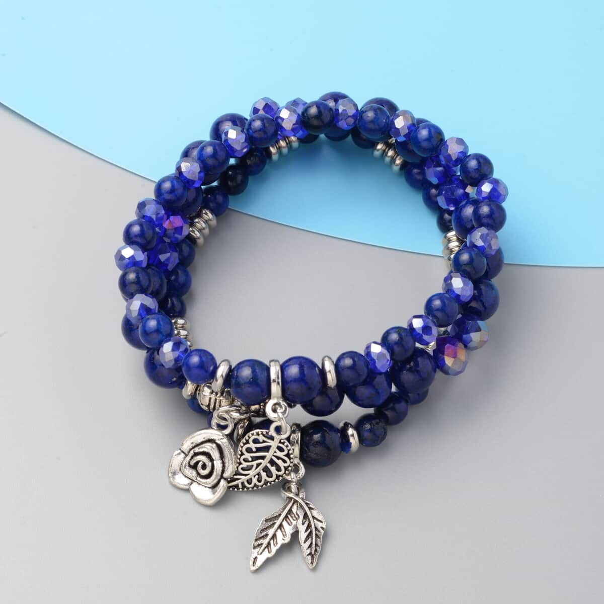 158.00 ctw Set of 3 Lapis Lazuli and Simulated Blue Diamond Beaded Stretch Charm Bracelet image number 1