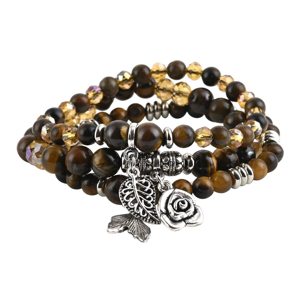 Set of 3 South African Tiger's Eye and Simulated Yellow Diamond Beaded Stretch Charm Bracelet 159.00 ctw image number 0