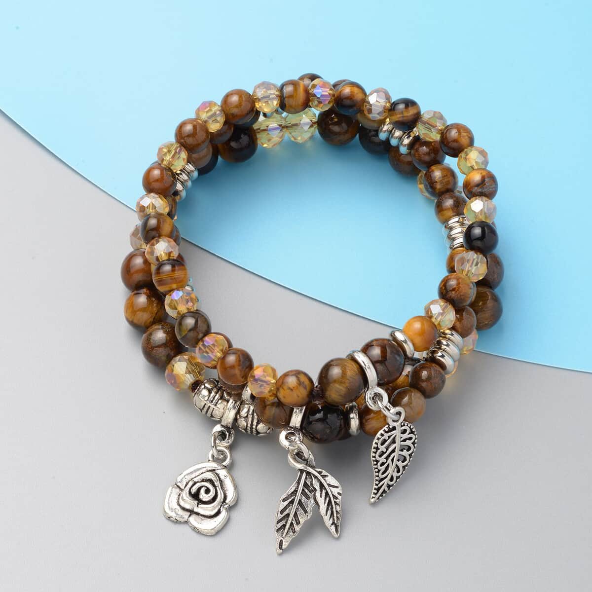 Set of 3 South African Tiger's Eye and Simulated Yellow Diamond Beaded Stretch Charm Bracelet 159.00 ctw image number 1