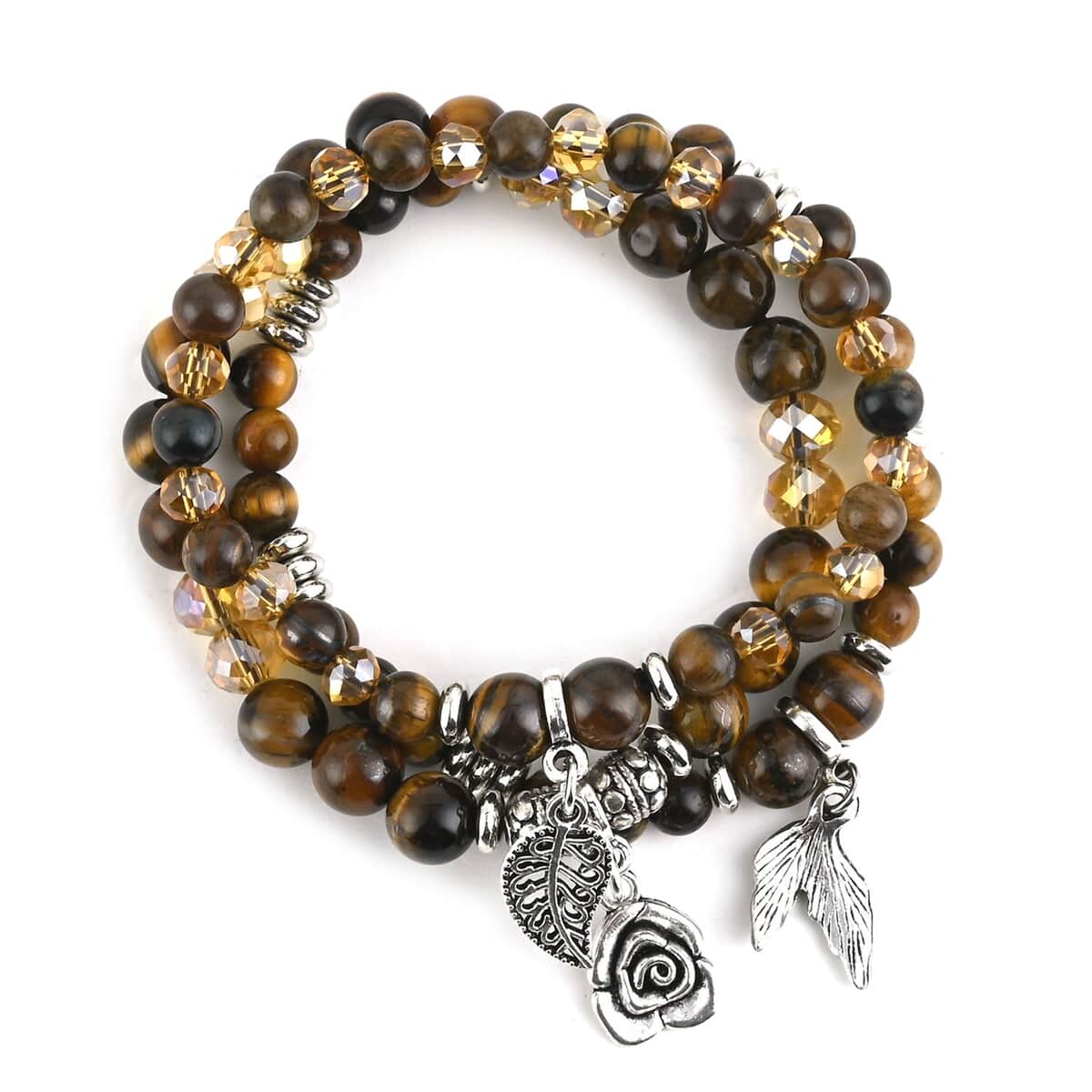Set of 3 South African Tiger's Eye and Simulated Yellow Diamond Beaded Stretch Charm Bracelet 159.00 ctw image number 2
