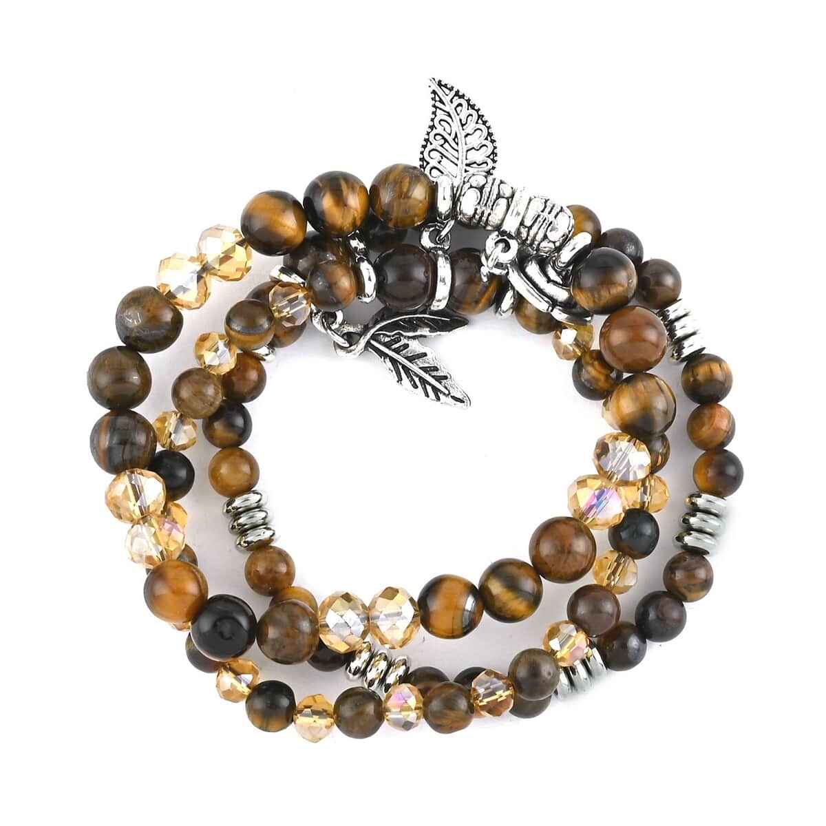 Set of 3 South African Tiger's Eye and Simulated Yellow Diamond Beaded Stretch Charm Bracelet 159.00 ctw image number 3