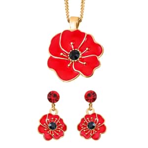 Red and Black Austrian Crystal and Enameled Poppy Flower Pendant Necklace 24 Inches and Earrings in Goldtone