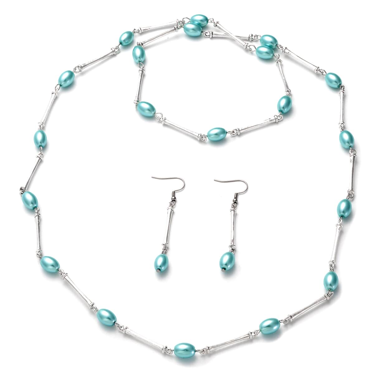 Simulated Light Blue Pearl 7-9mm Beaded Necklace 38 Inches and Earrings in Stainless Steel image number 0