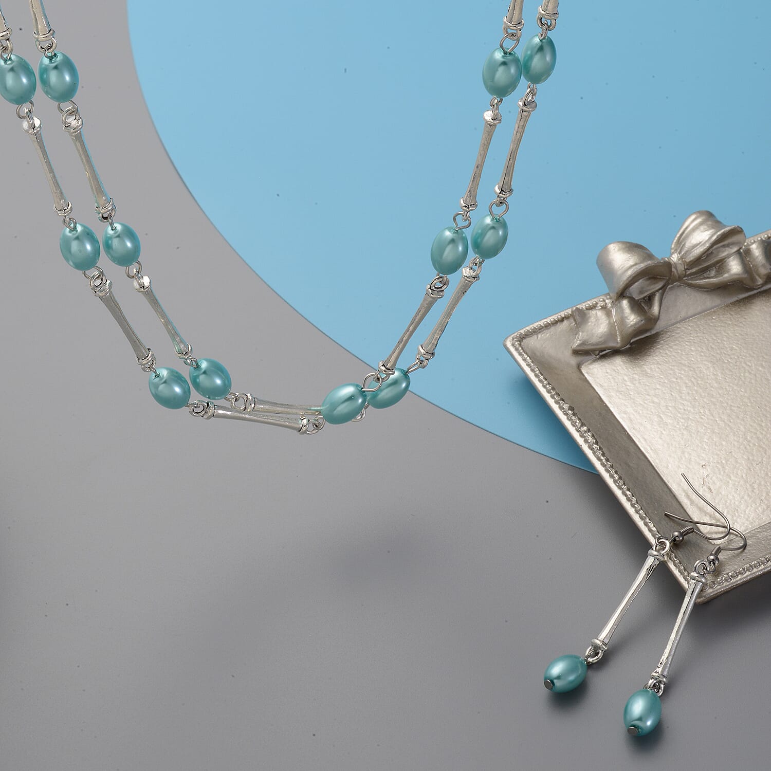 Simulated Light Blue Pearl 7-9mm Beaded Necklace 38 Inches and Earrings in Stainless Steel
