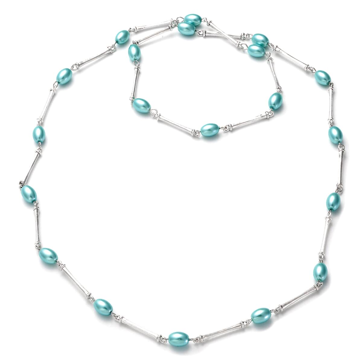 Simulated Light Blue Pearl 7-9mm Beaded Necklace 38 Inches and Earrings in Stainless Steel image number 2