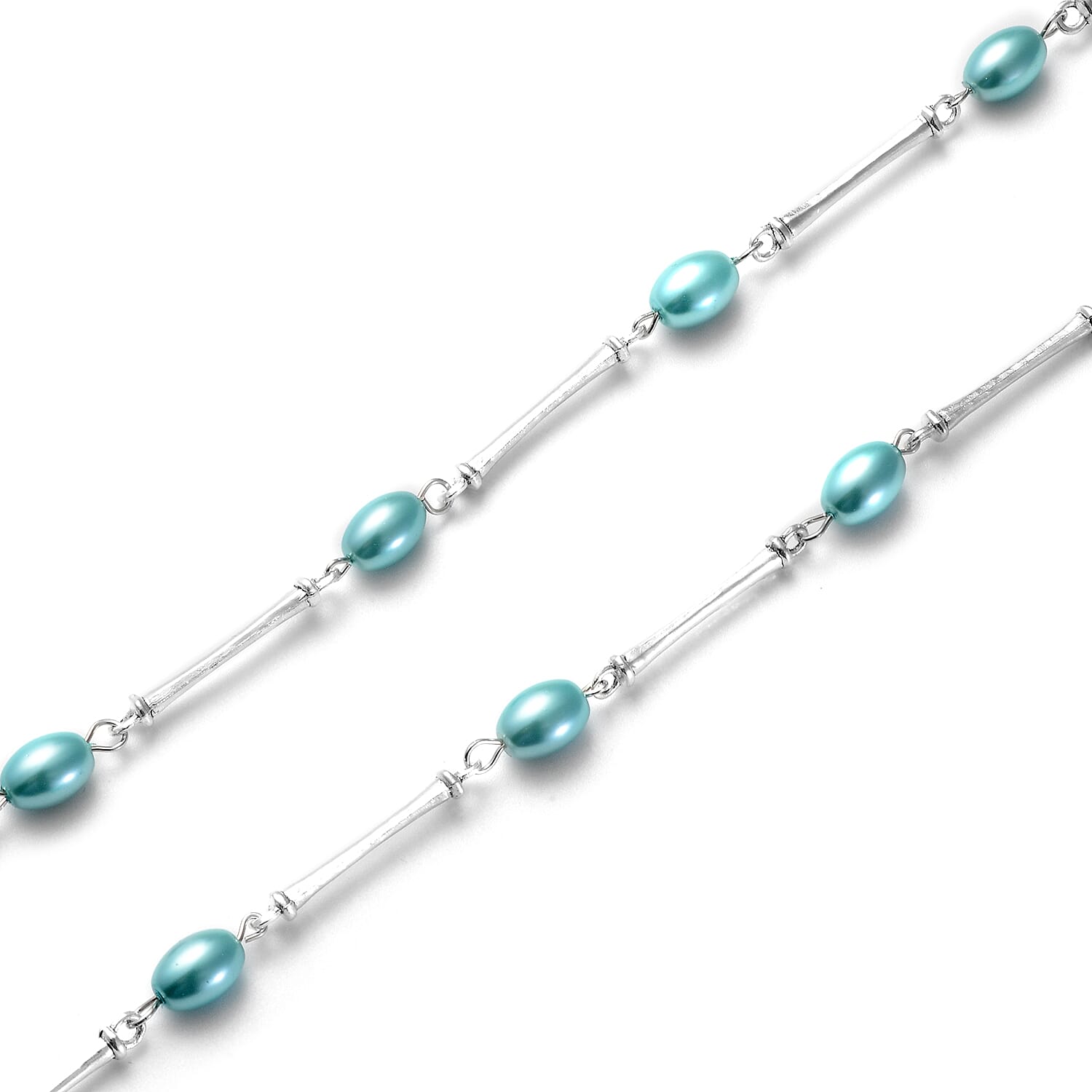 Simulated Light Blue Pearl 7-9mm Beaded Necklace 38 Inches and Earrings in Stainless Steel