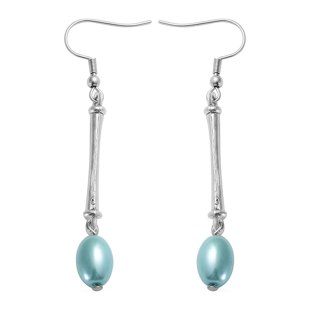 Simulated Light Blue Pearl 7-9mm Beaded Necklace 38 Inches and Earrings in Stainless Steel