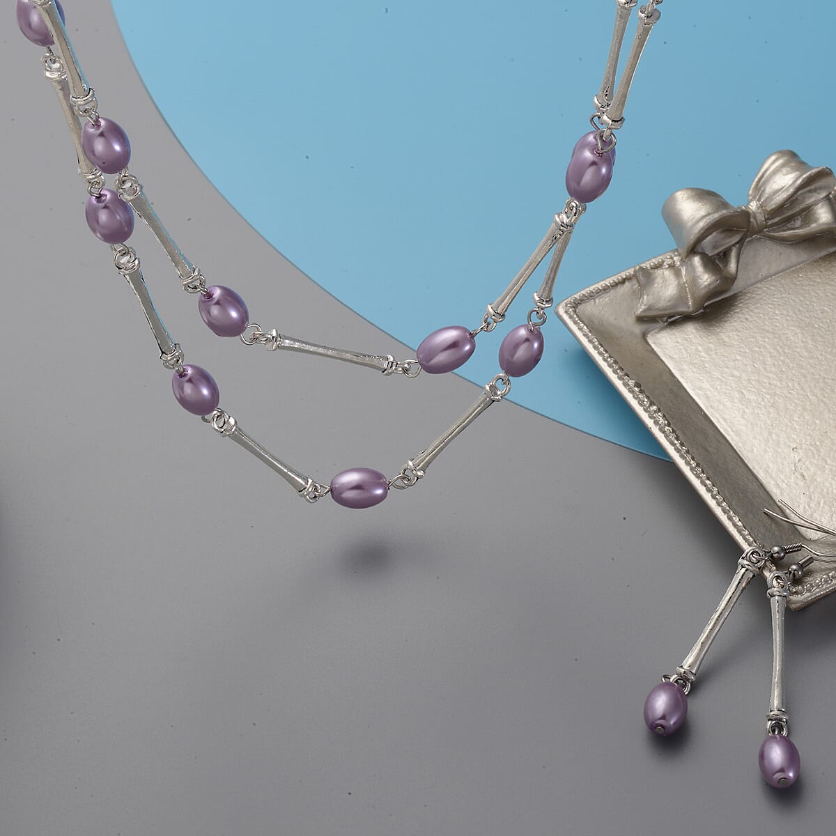 Simulated Lavender Color Pearl 7-9mm Necklace 38 Inches and Earrings in Stainless Steel image number 1